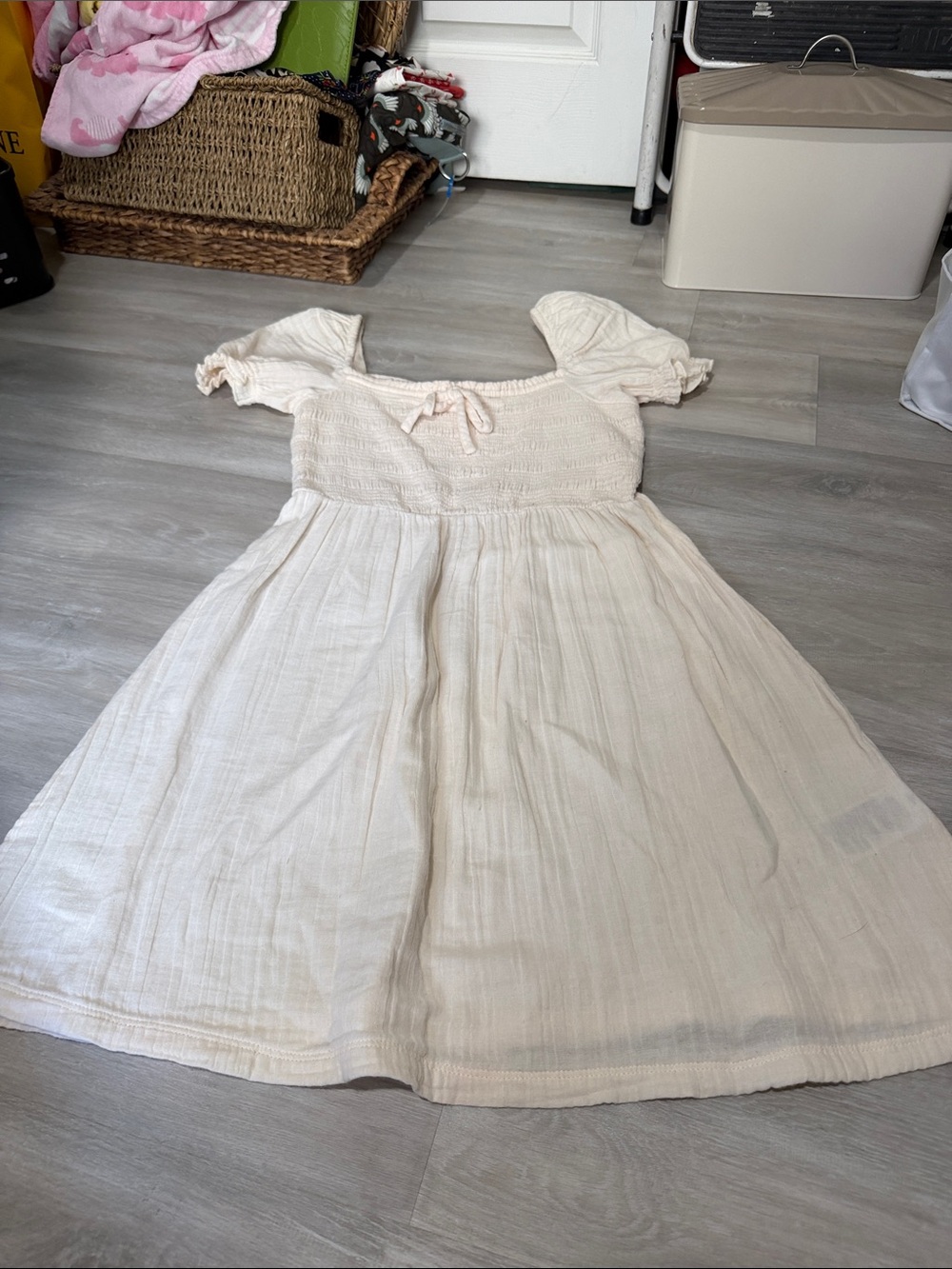 Roxy Cream Puff-Sleeve Smocked Cotton Dress size m